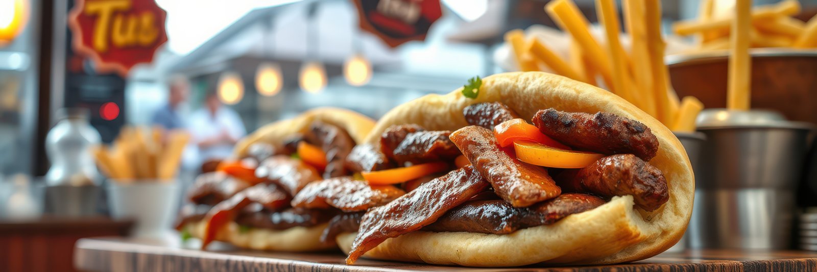 Tasty sausages served in pita bread with fresh vegetables and crispy fries in a bustling restaurant setting